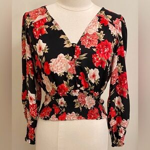 American Eagle Black Red Green Floral Long Sleeve Smocked Waist Crop Top Size M